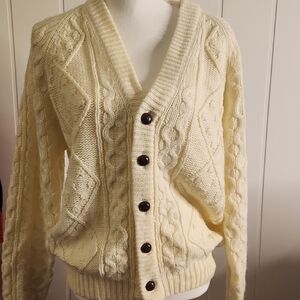 Women's Cream Vintage Chunky Cableknit  Button-down  Cardigan Sweater Preppy